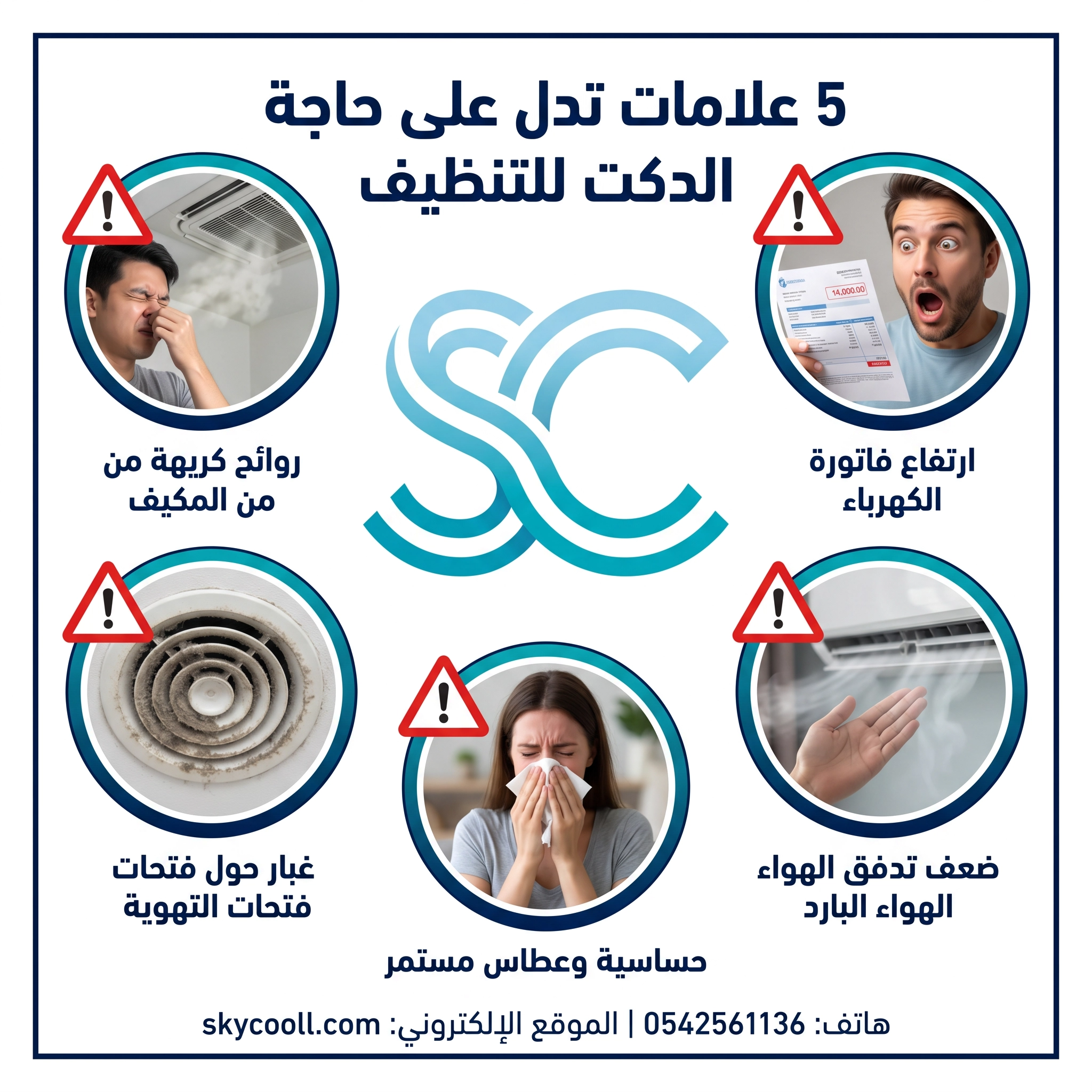5 علامات تدل على حاجة الدكت للتنظيف" تستهدف: "متى يجب تنظيف دكت المكيف؟" روائح كريهة، غبار حول الفتحات، حساسية مستمرة، ضعف تدفق الهواء، ارتفاع فاتورة الكهرباء.