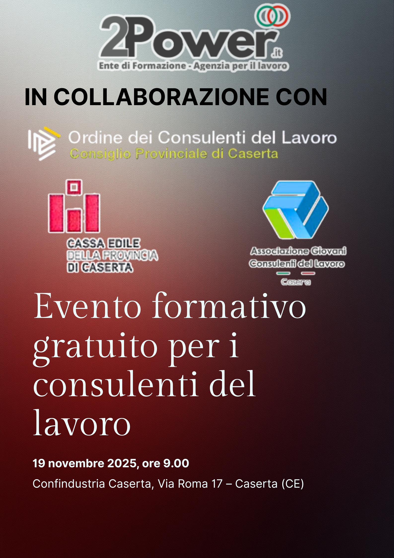 19/11/2025: EVENTO FORMATIVO GRATUITO PER I CONSULENTI DEL LAVORO