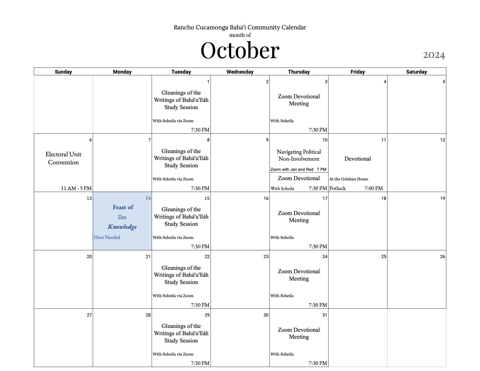 The monthly calendar for August of the Bahai Community of Rancho Cucamonga