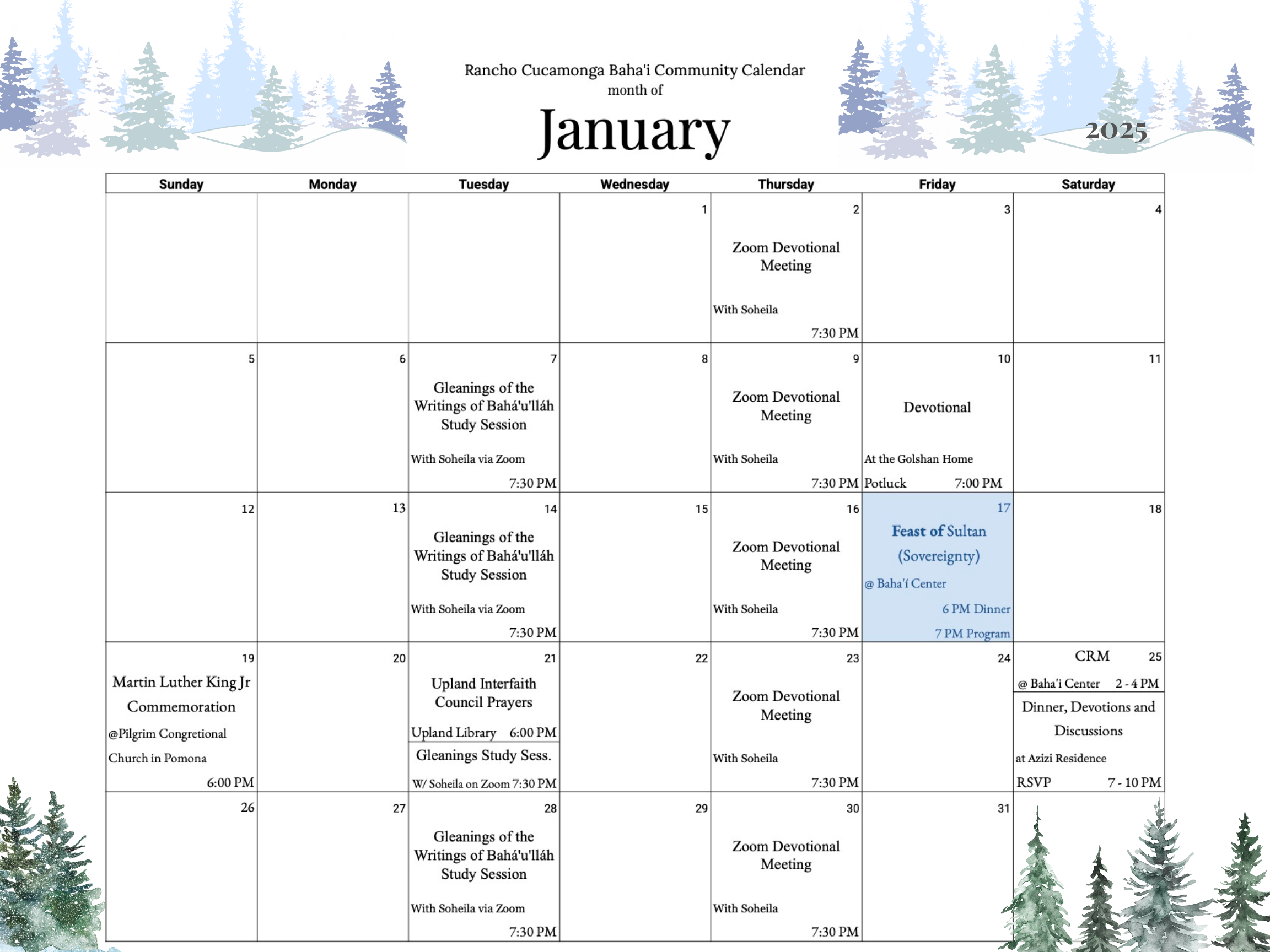 The monthly calendar for August of the Bahai Community of Rancho Cucamonga