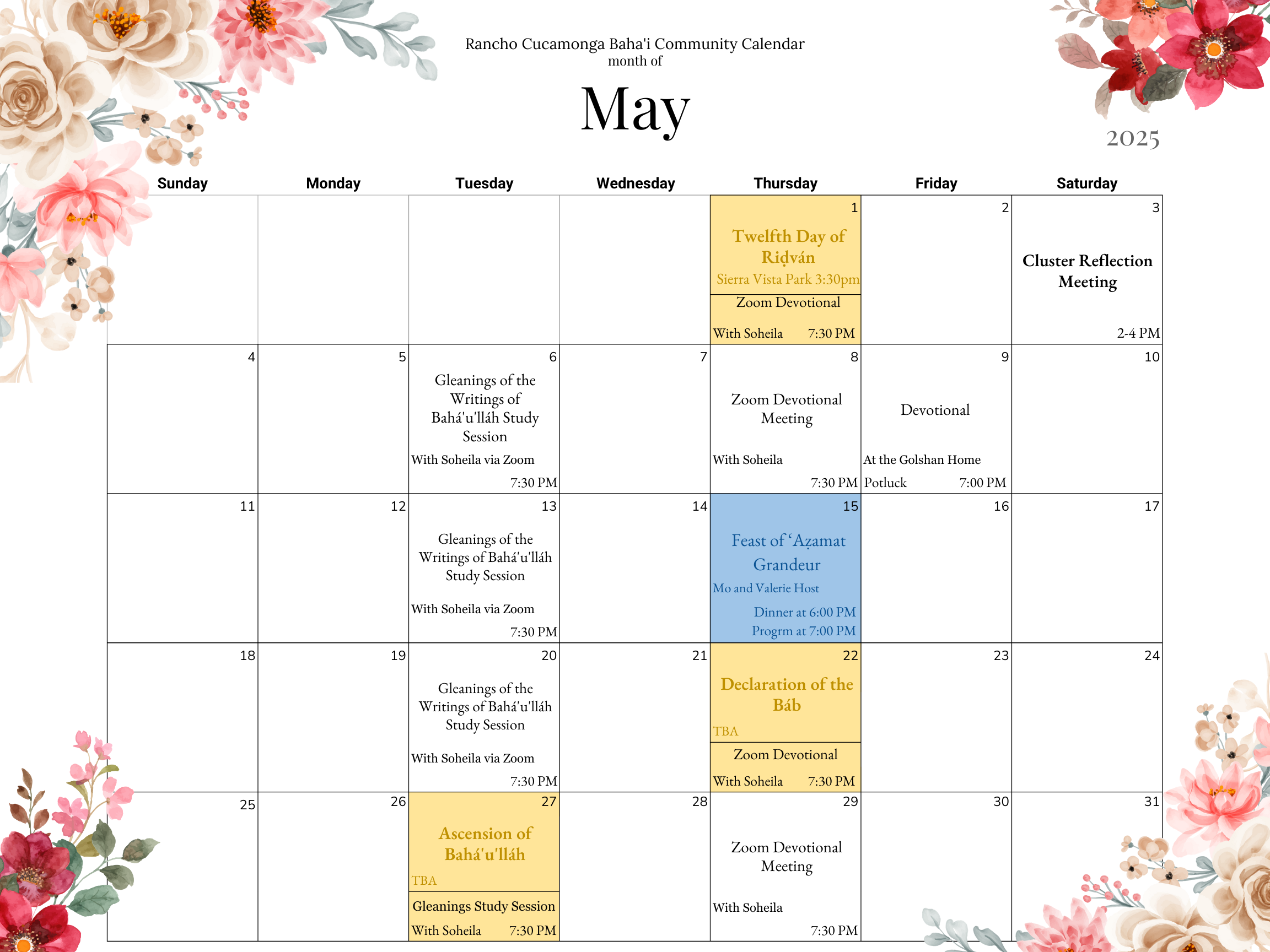 The monthly calendar for August of the Bahai Community of Rancho Cucamonga