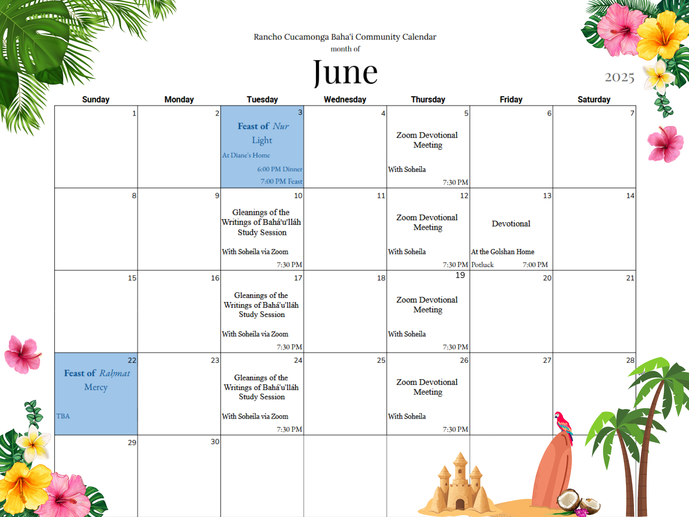 The monthly calendar for August of the Bahai Community of Rancho Cucamonga