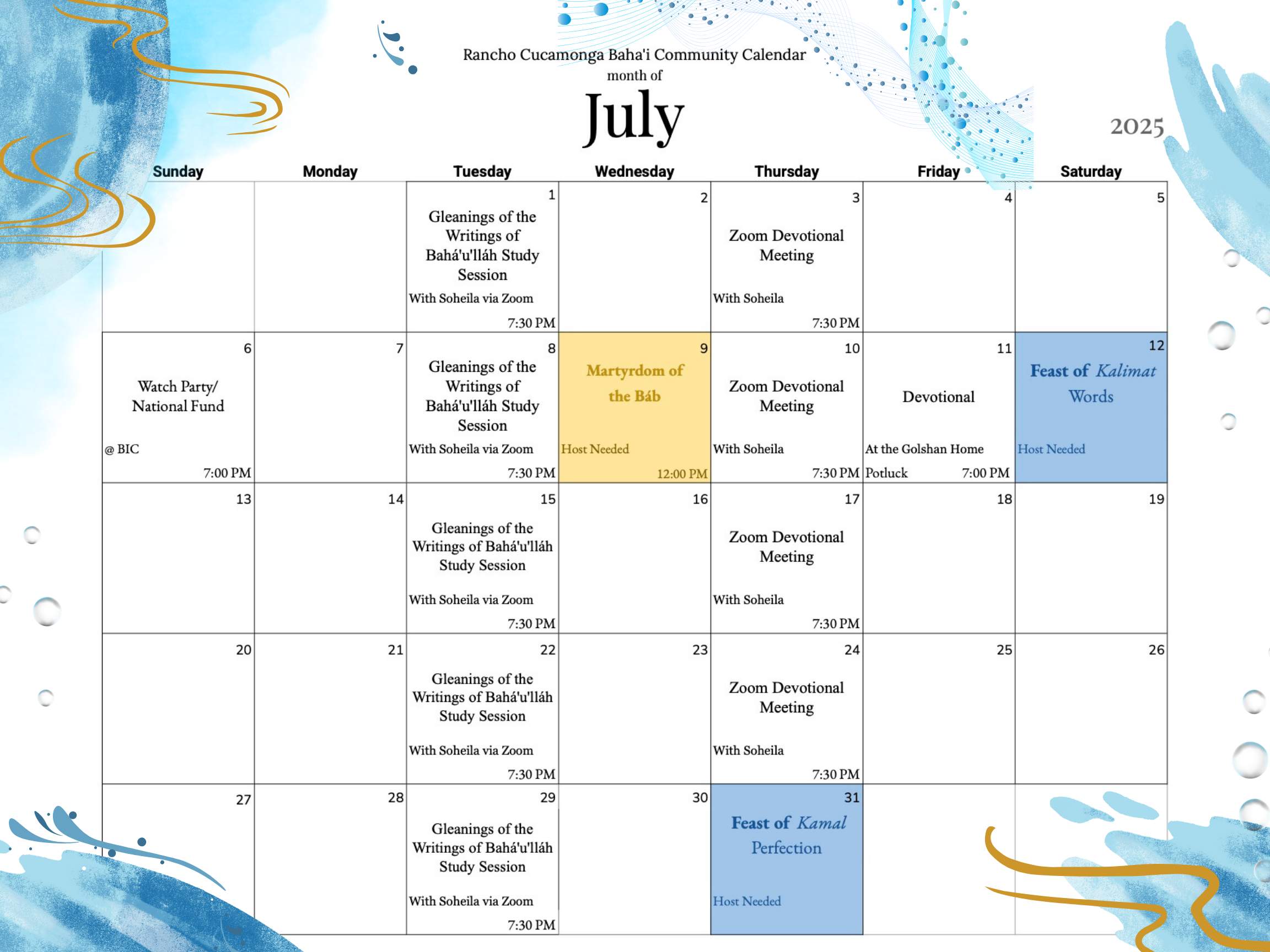 The monthly calendar for August of the Bahai Community of Rancho Cucamonga