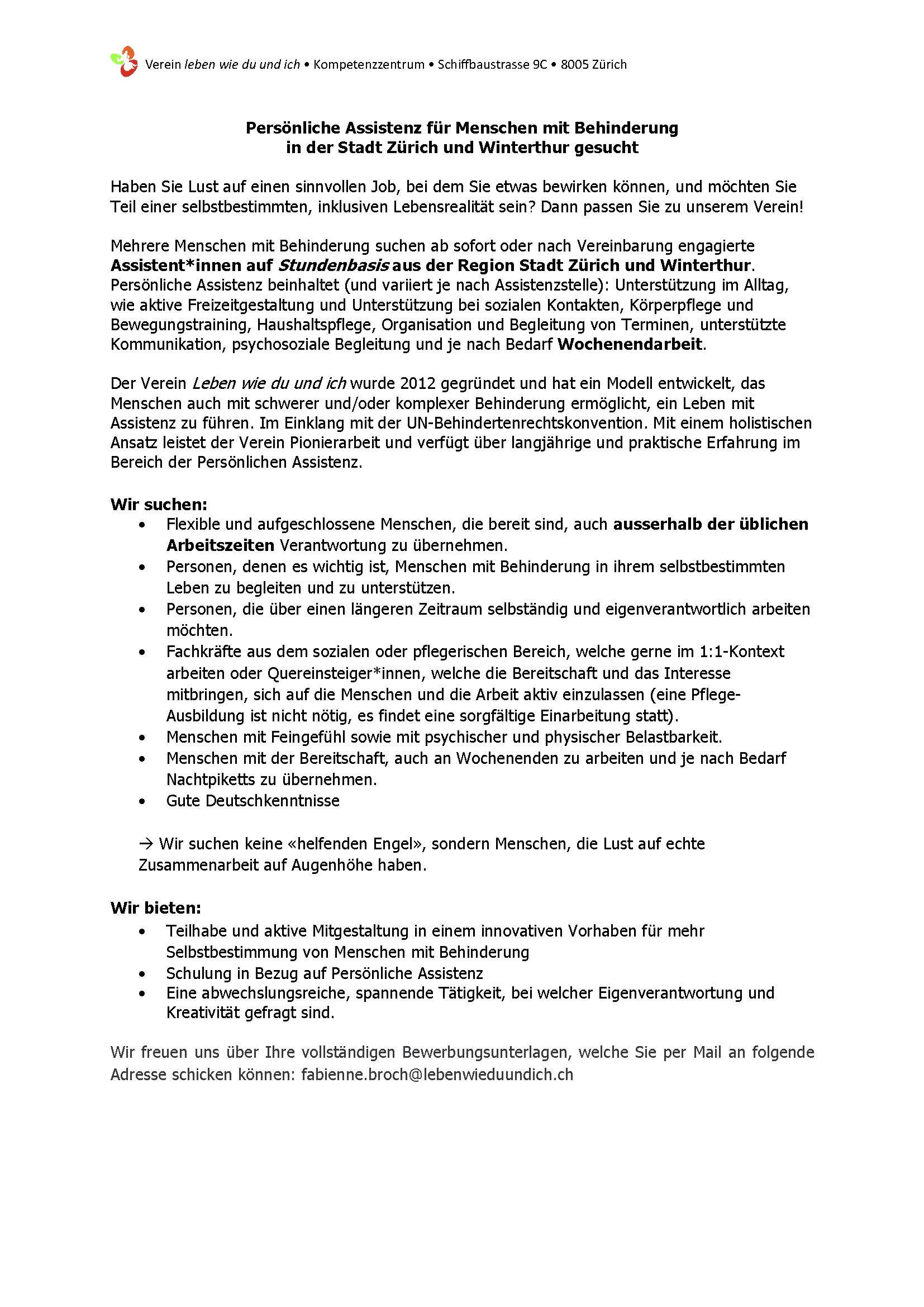 Stelleninserat Persönliche Assistenz Oktober 2025