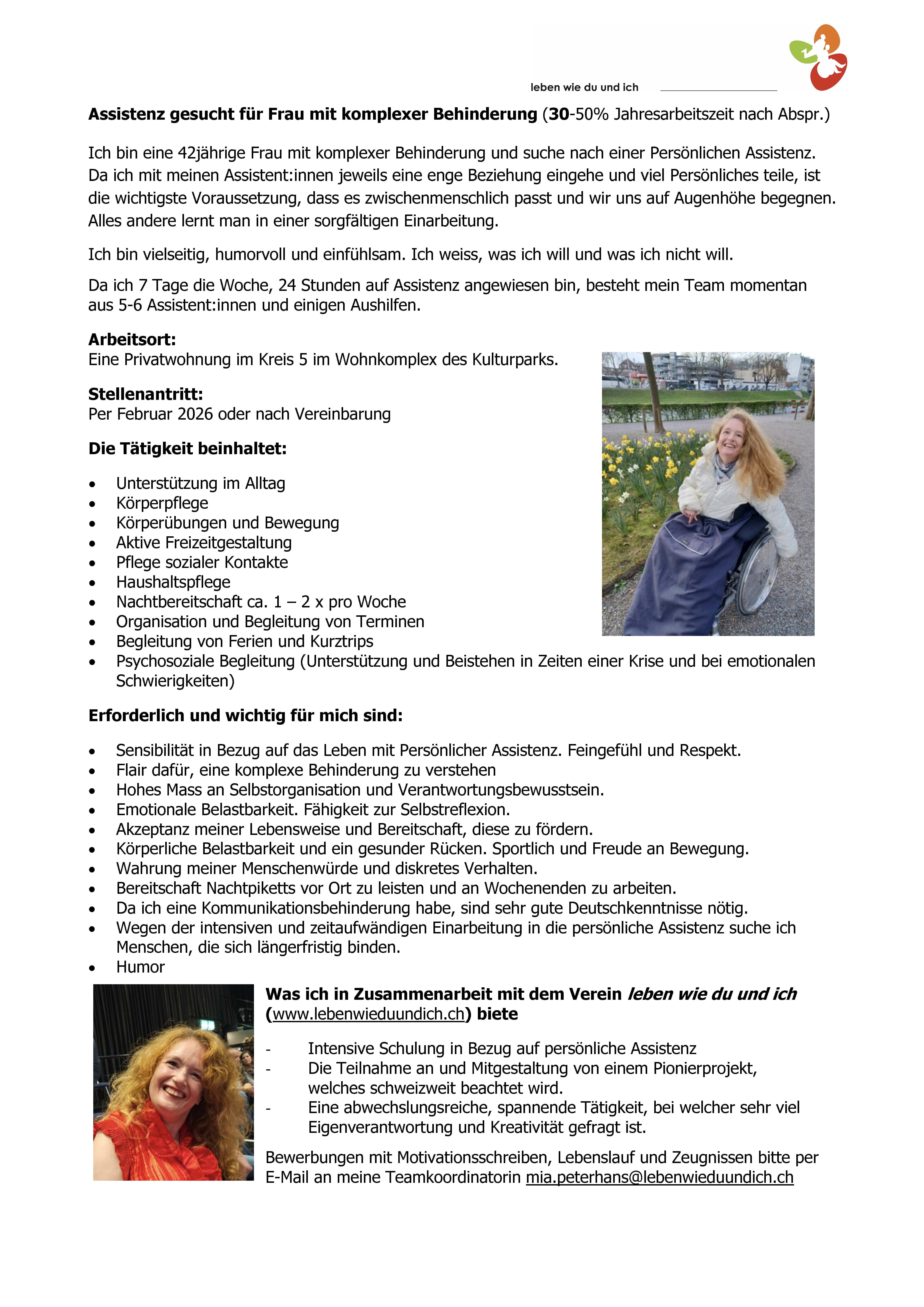 Stelleninserat Persönliche Assitenz für Frau mit komplexer Behinderung Oktober 2025