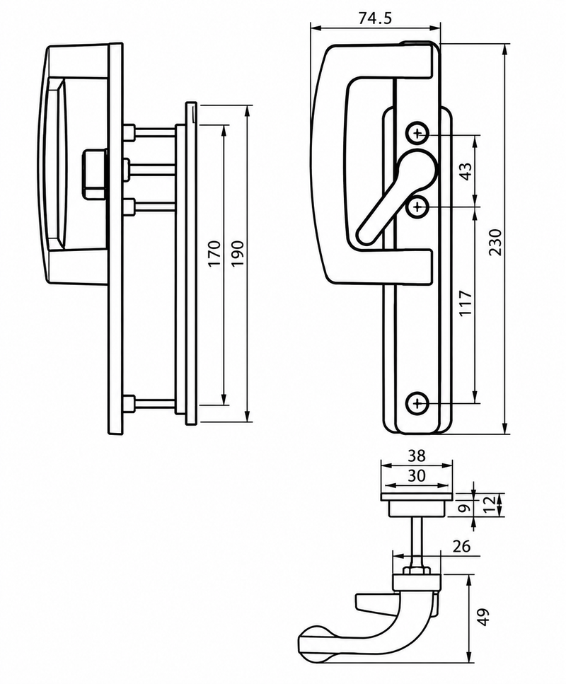 SLIDING NON-LOCKABLE PATIO HANDLE WITH RECESSED PLATE SL 33R
