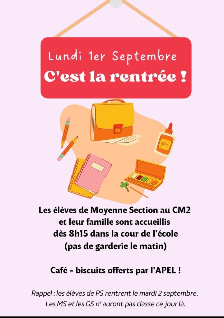 Rentrée 2025 Lundi 1 Septembre