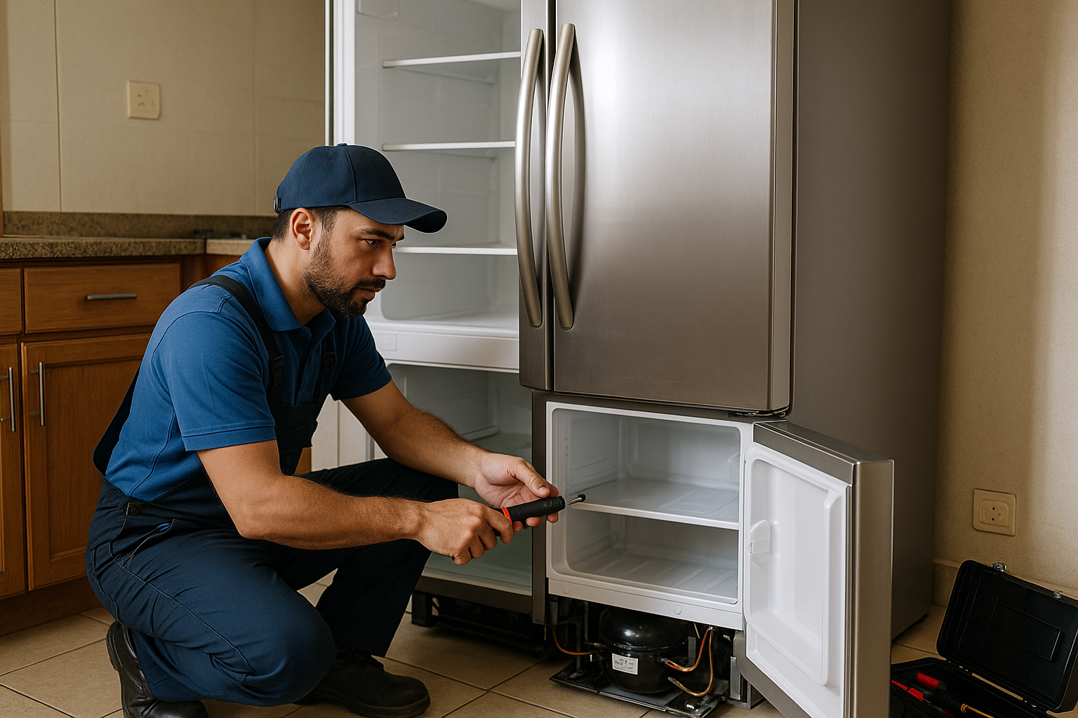 Technicien réparant un frigo américain à domicile à Rabat – double porte inox