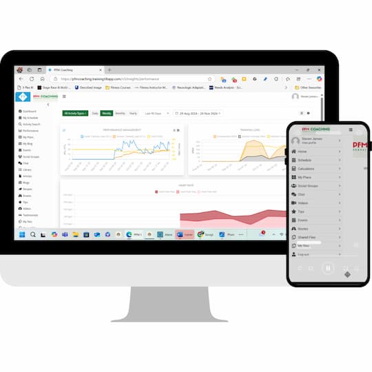 PFM Coaching dashboard and mobile app interface showing personalised running training data and feedback.