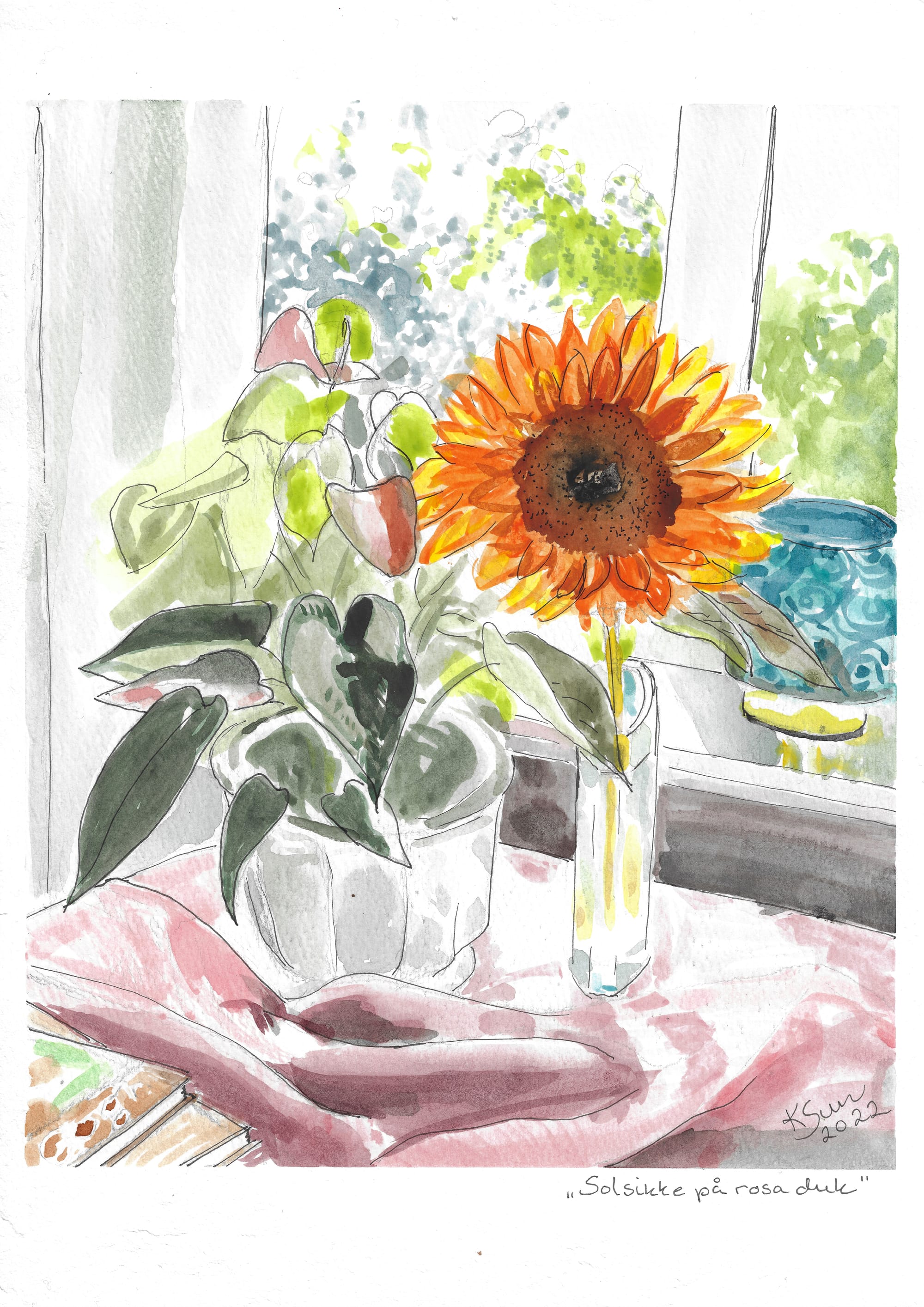 Solsikke på rosa duk Kr 200,-