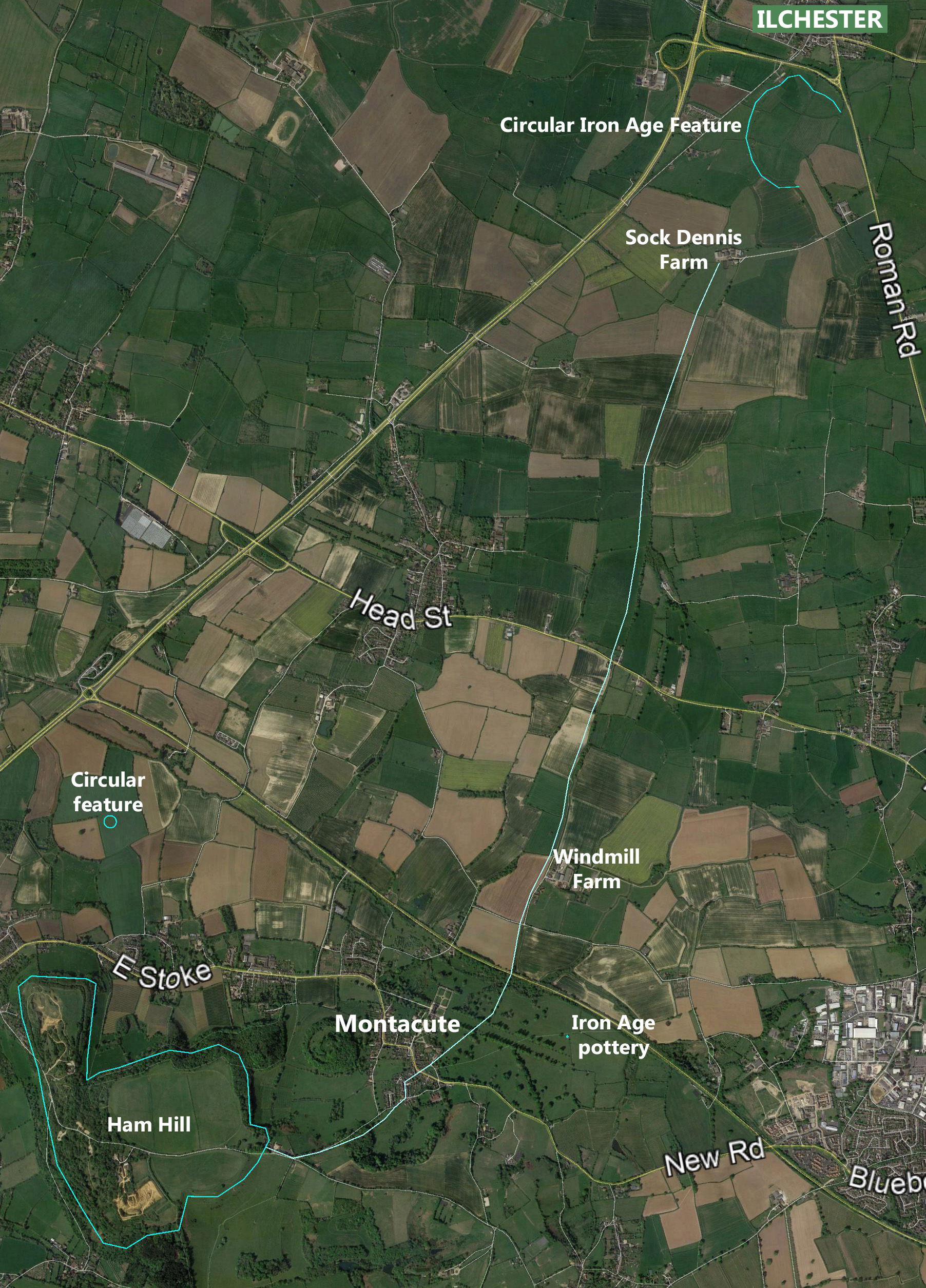 Screenshot of Google Maps aerial view f covering Ilchester, Montacute and Ham Hill showing ancient track from Ilchester via Montacute to Ham Hill