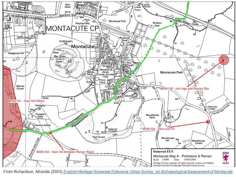 Map from Richardson 2003 Archeological Assessment of Montacute showing route through Park to Ham Hill