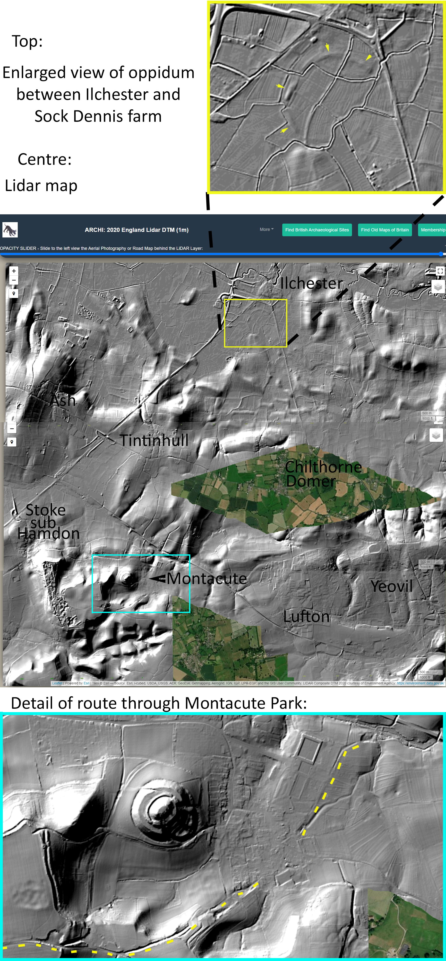 Composite of LIDAR maps showing detail for Montacute, the oppidum at Ilchester, and the route between the two.