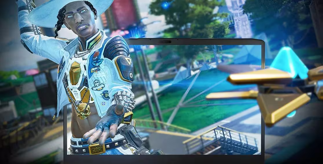 Lenovo LOQ 15IRH8 with Apex Legends exploding from the screen