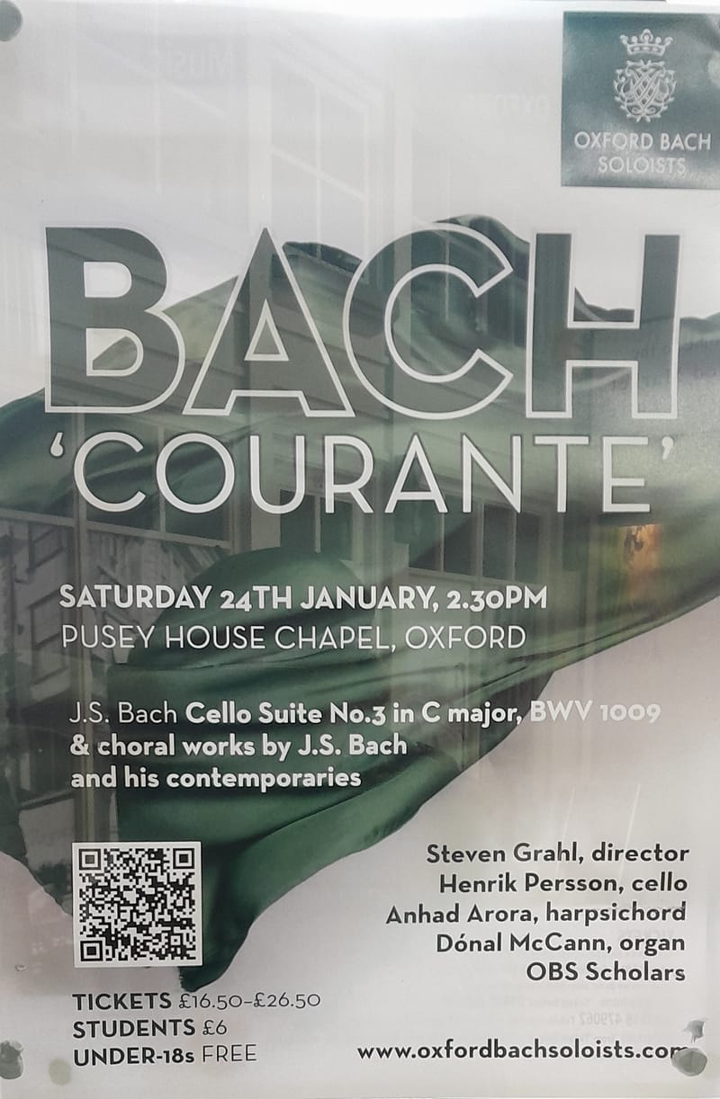 Bach Cello Suites, Oxford Bach Soloists, Pusey House Chapel, 24 January,
