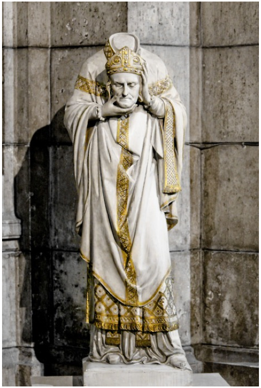 Saint Denis is beheaded, picks up his head and carries it in his own hands for ten kilometers, giving a sermon along the way. Patron saint of France and intercessor against headaches and demonic possessions.