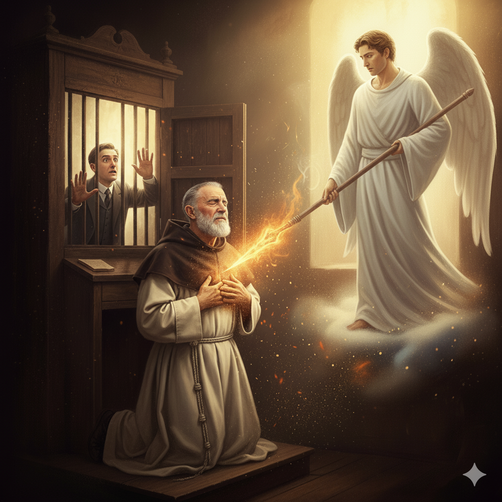 Transverberação do Padre Pio: um anjo perfura sua alma com uma lança de fogo unido sua dor com a de Cristo!