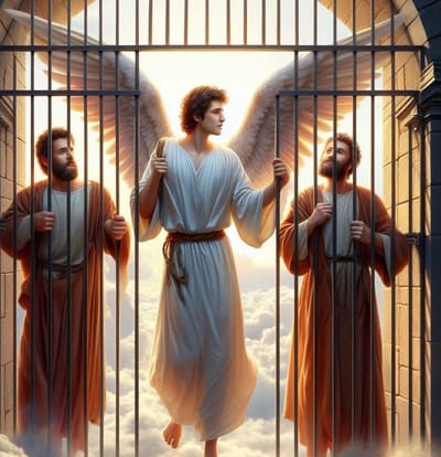 An angel of the Lord frees the apostles from prison