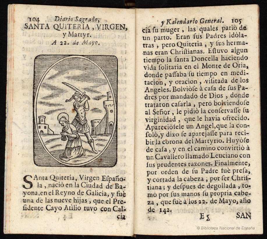 SANTA QUITERIA, VIRGEN, y Martyr [Material gráfico] : A 22 de Mayo por Minguet e Yrol, Pablo, 1733-1778 - 1750 - National Library of Spain, Spain - CC BY-NC-SA. https://www.europeana.eu/item/2022717/bnesearch_detalle_bdh0000152328