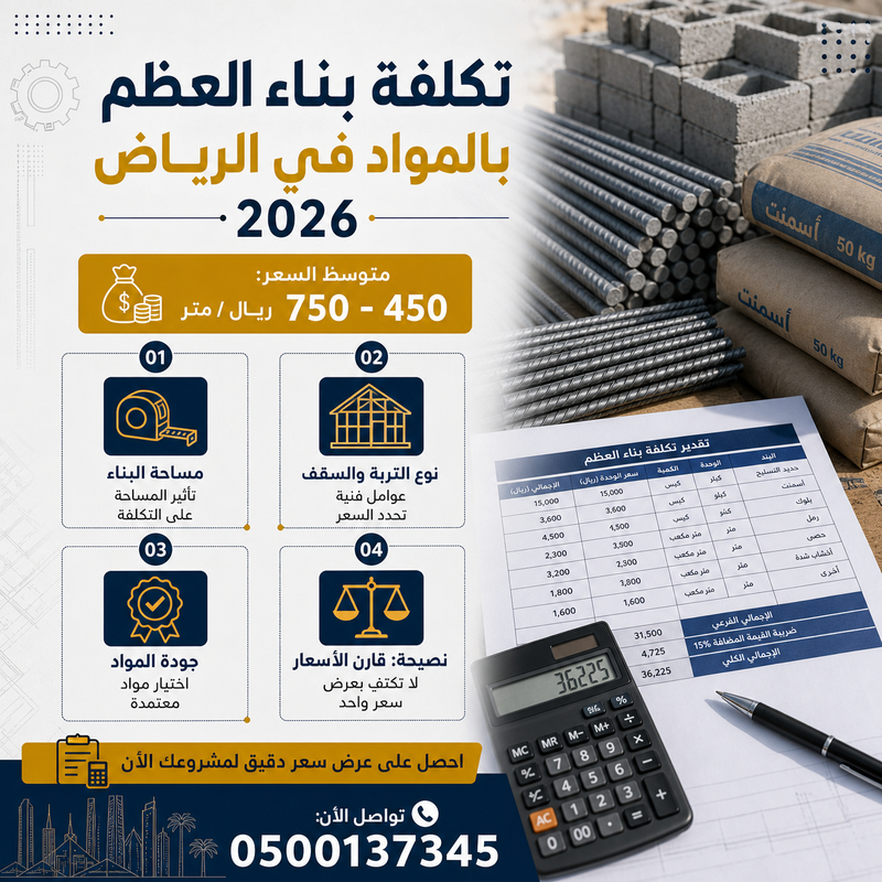 تكلفة بناء العظم بالمواد في الرياض 2026: دليلك الشامل للأسعار وخطوات التوفير