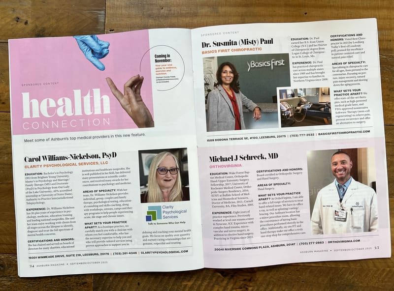 Dr. Williams-Nickelson Featured as One of Ashburn's Top Medical Providers (Ashburn Magazine, Sept/Oct 2025)