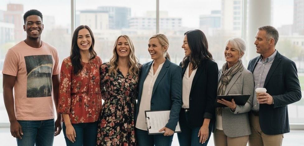 Diverse group of happy employees standing together.