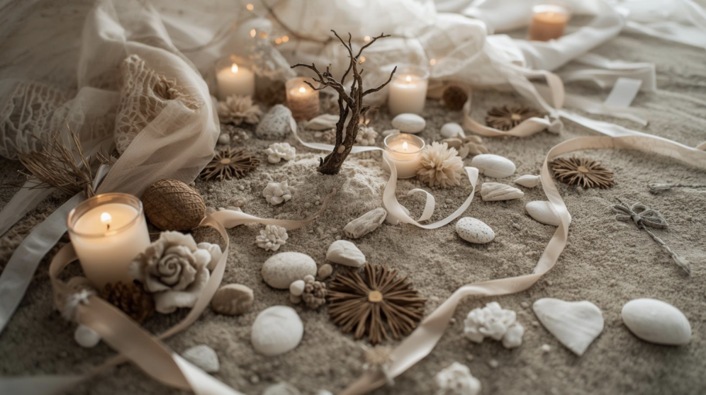 Objets de rituels symboliques — sable, bougies, rubans — pour cérémonies laïques personnalisées.