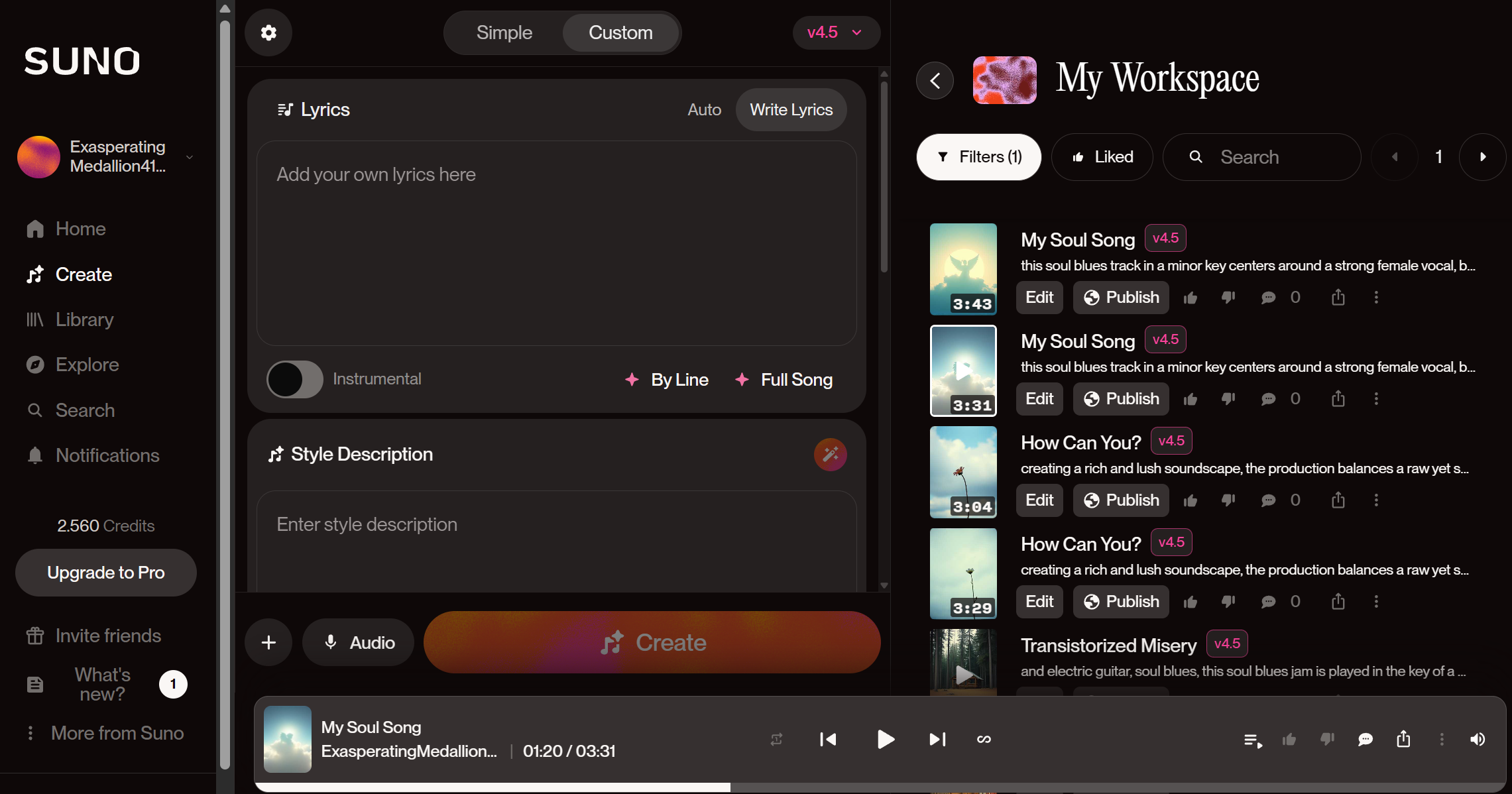 Interfaccia di Suno AI mentre genera musica automatica con prompt e strumenti vocali avanzati.