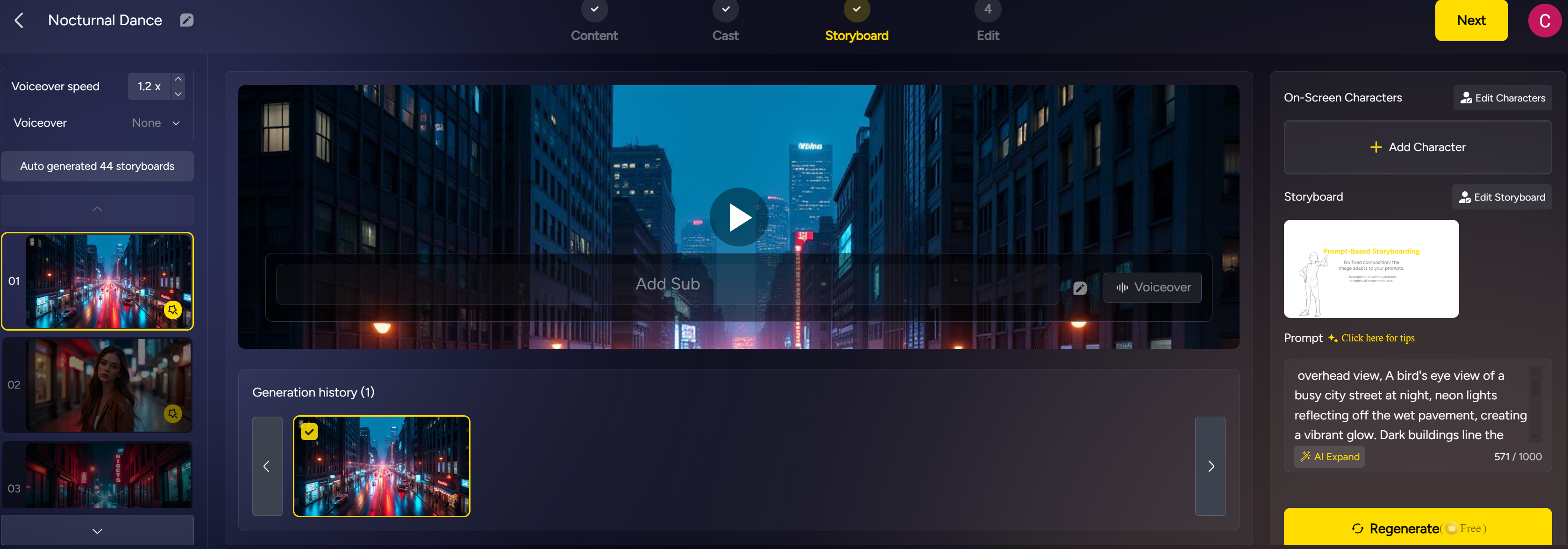 Editor di MagicLight AI mentre genera scene animate per un videoclip musicale con prompt testuale.