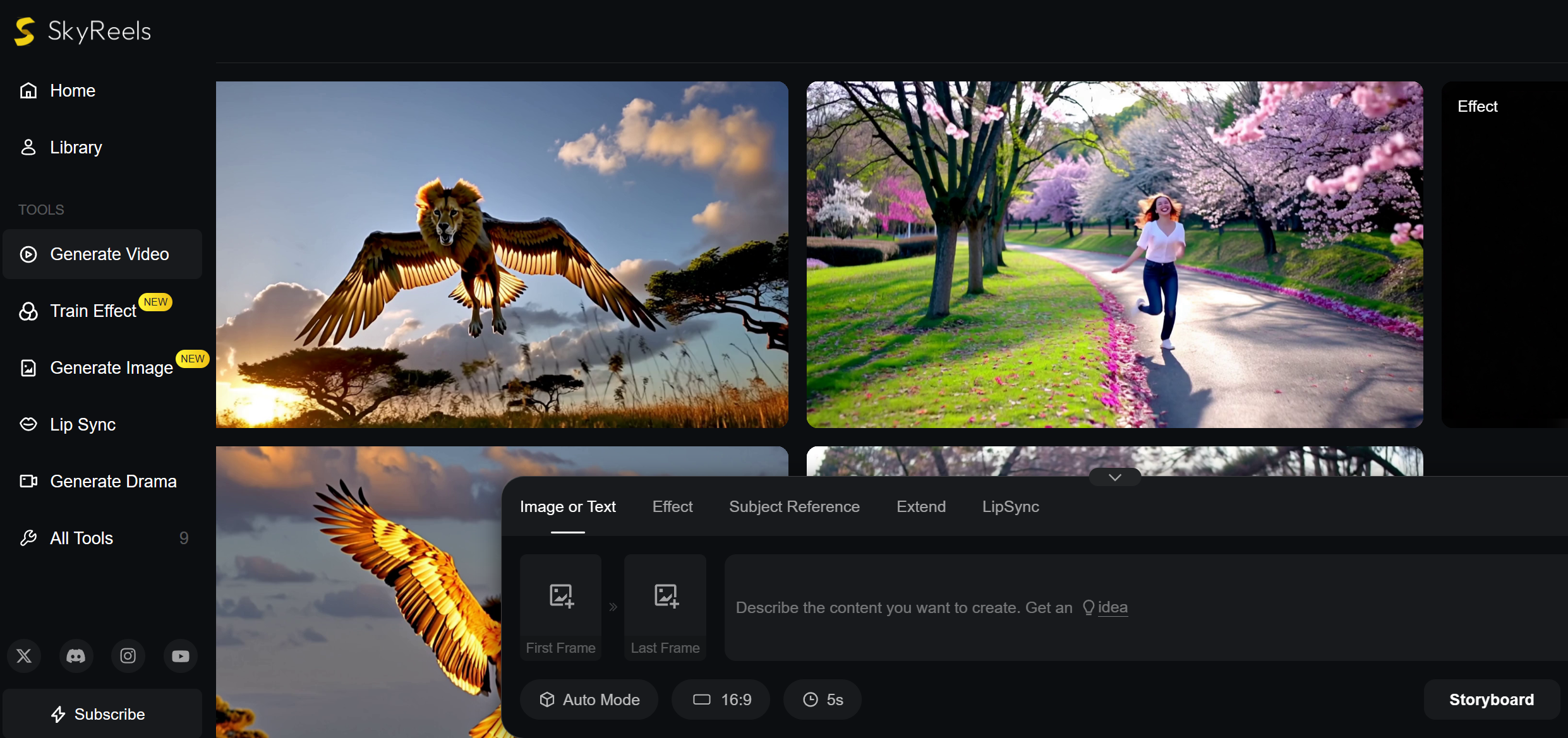 Editor SkyReels AI con storyboard e prompt per creare video di 30 secondi o film completi con AI.