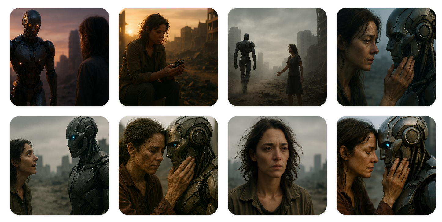 Storyboard generato con ChatGPT che mostra immagini coerenti per ogni scena di un film AI.