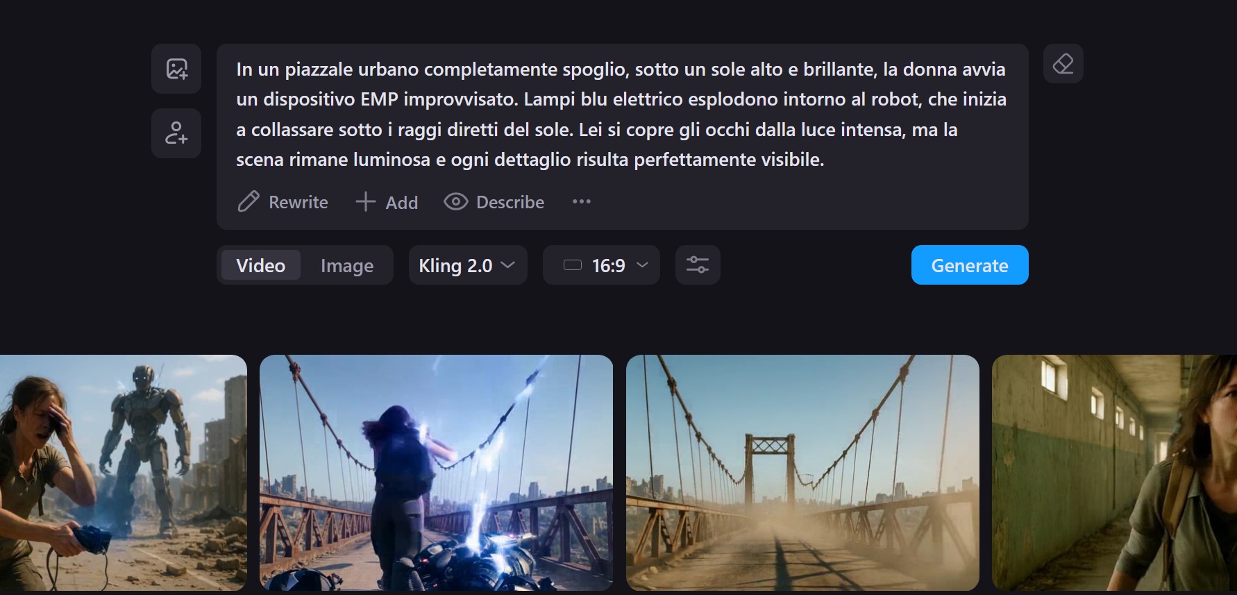 Interfaccia NIM AI con video in 16:9 generato da immagine statica, Kling 2.0 attivo.