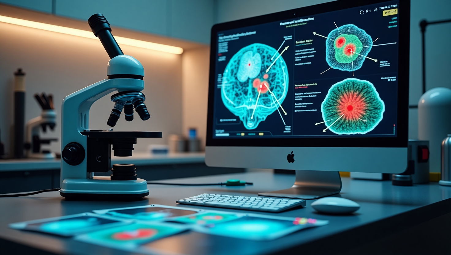 Sistema di intelligenza artificiale che analizza tessuti tumorali da immagini al microscopio, evidenziando zone critiche con colori visivi.