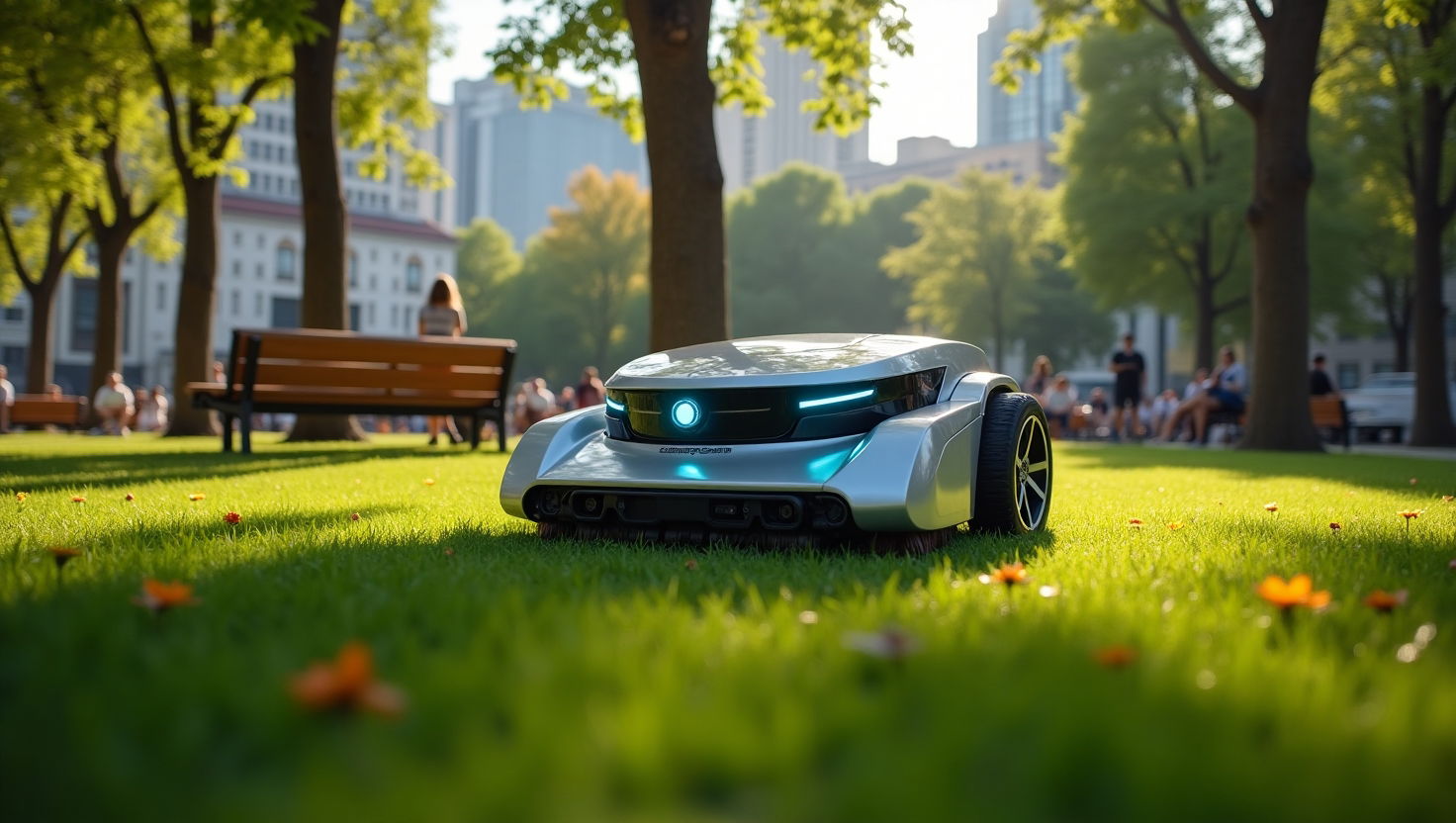 Un robot autonomo con AI cura un prato pubblico in un parco urbano, muovendosi tra alberi e panchine in modo silenzioso ed efficiente.