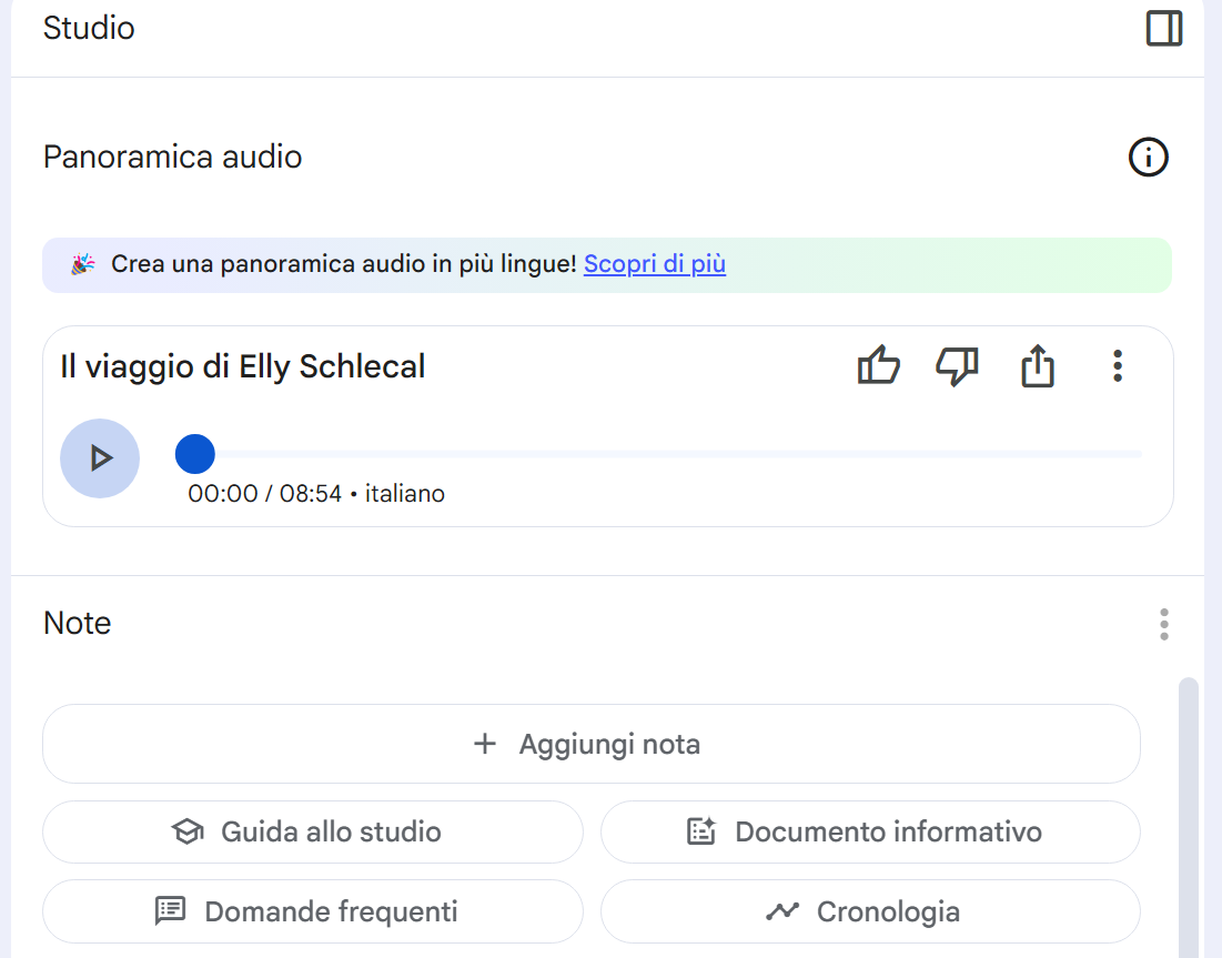 Interfaccia di NotebookLM AI che legge un testo in italiano con voce naturale per generare un podcast audio gratuito.