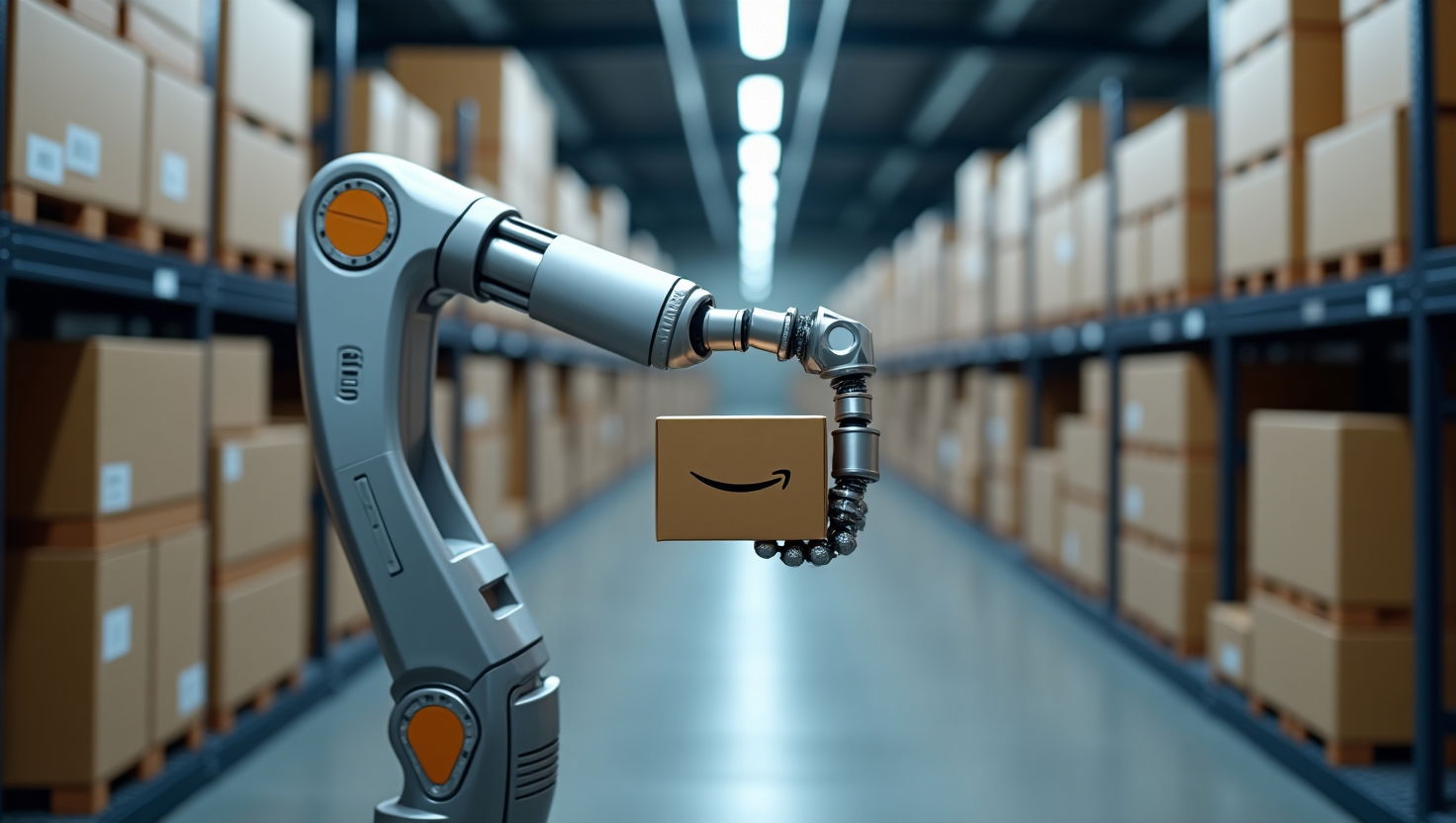 Braccio robotico avanzato di Amazon manipola un pacco in un magazzino, dotato di sensori tattili per una presa delicata e intelligente.