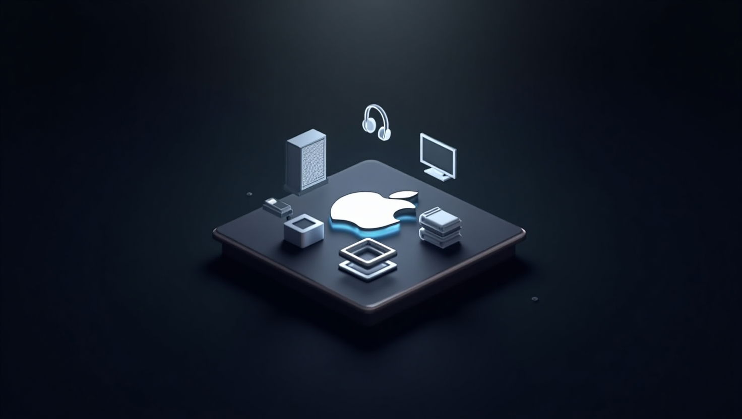 Render realistico di un chip Apple su fondo nero con effetto tech, accompagnato da icone di visori, Mac e data center AI.