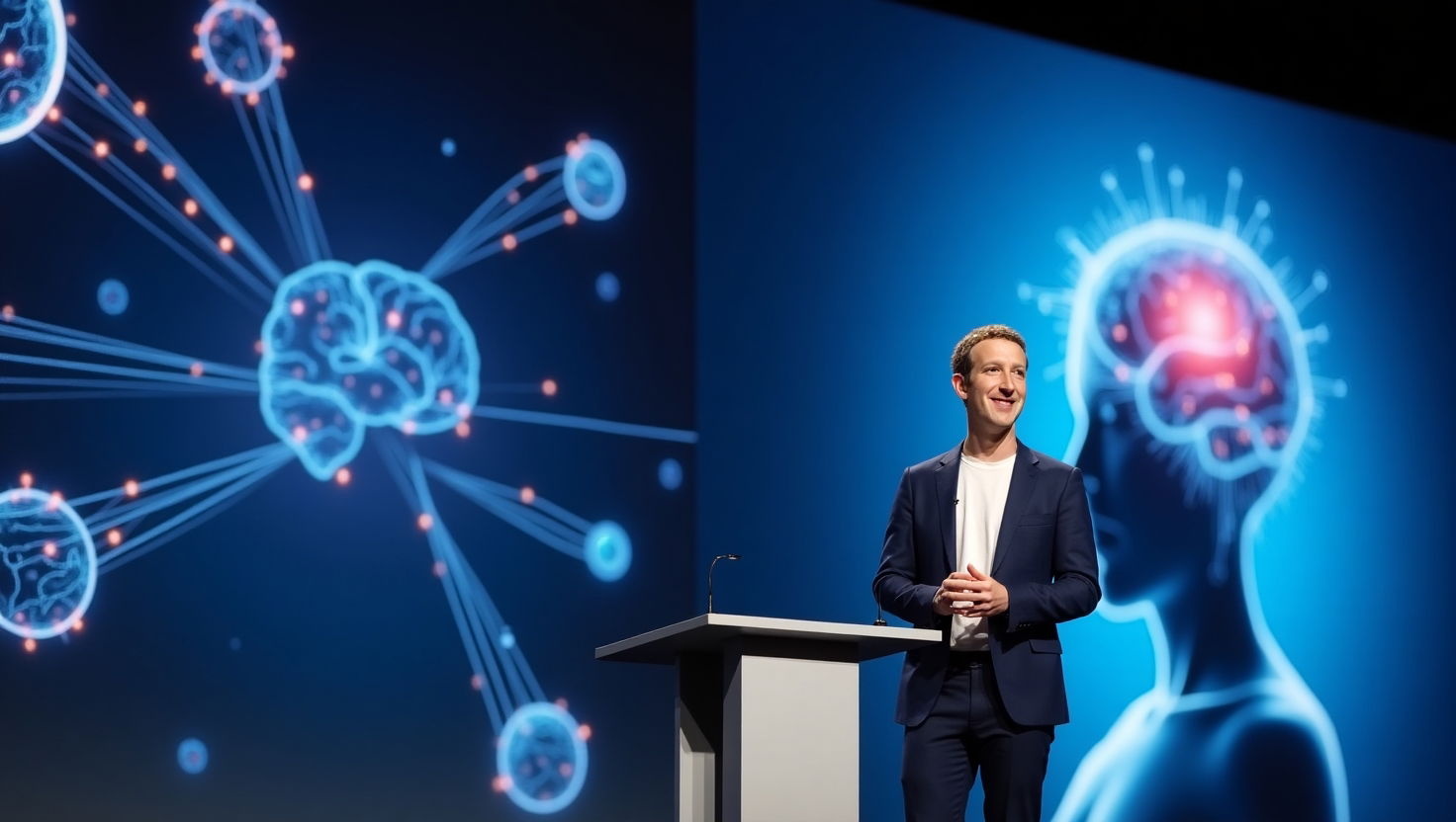 Mark Zuckerberg in una presentazione sul futuro dell’intelligenza artificiale, con grafiche di LLaMA, app AI e realtà virtuale sullo sfondo.