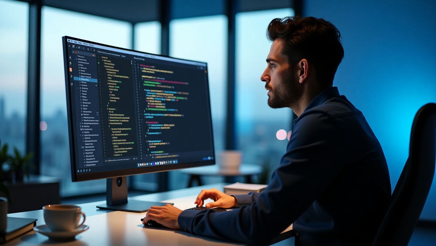 Uomo osserva codice su GitHub con ChatGPT Deep Research attivo sullo schermo, in ufficio tech moderno