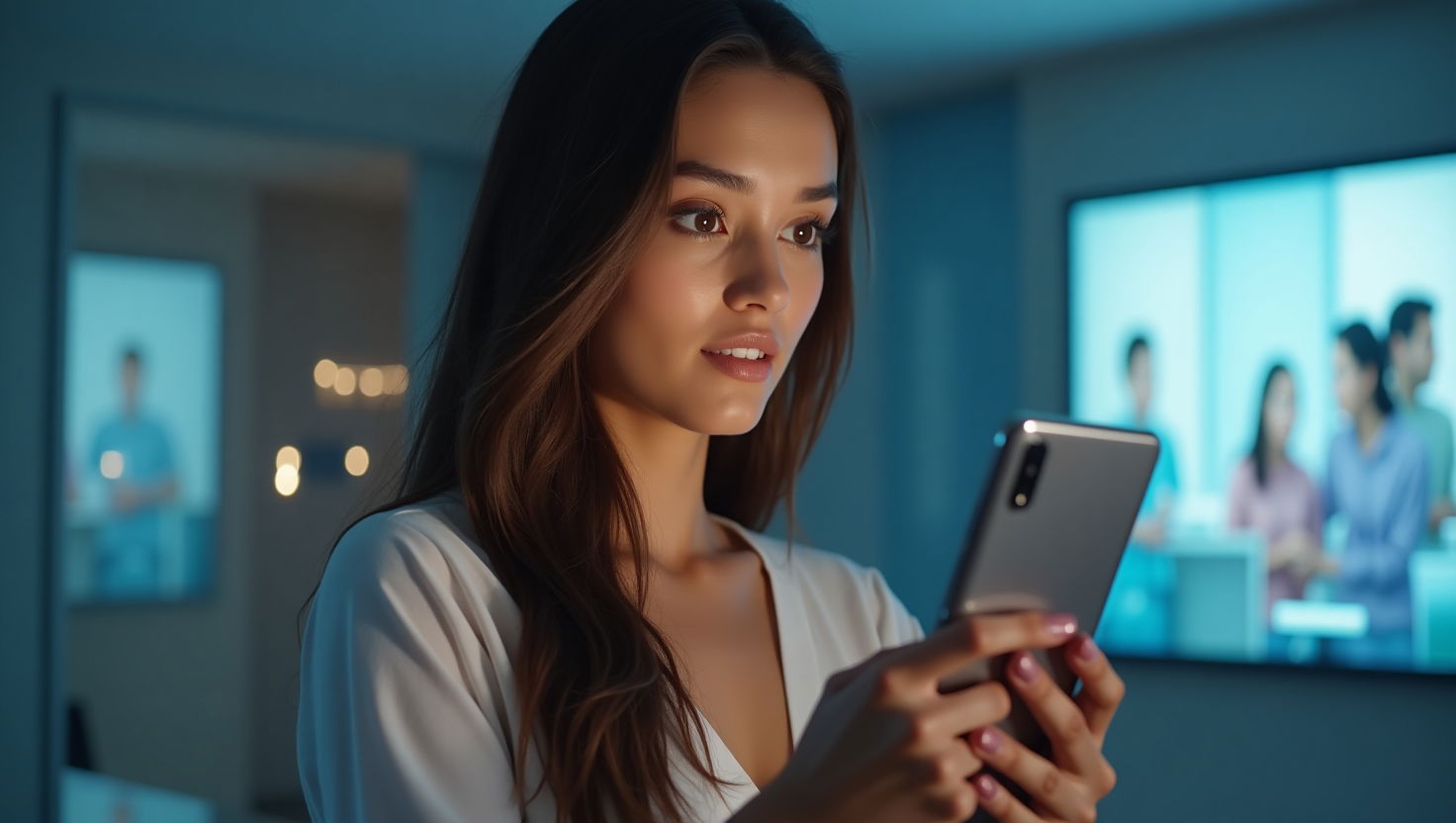 Ragazza utilizza Veo 2 sullo smartphone Honor generando un video con prompt vocale, interfaccia AI visibile e ambiente tech moderno