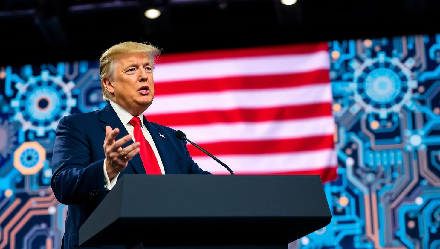 Donald Trump parla di intelligenza artificiale in conferenza, sfondo con simboli digitali e bandiera americana