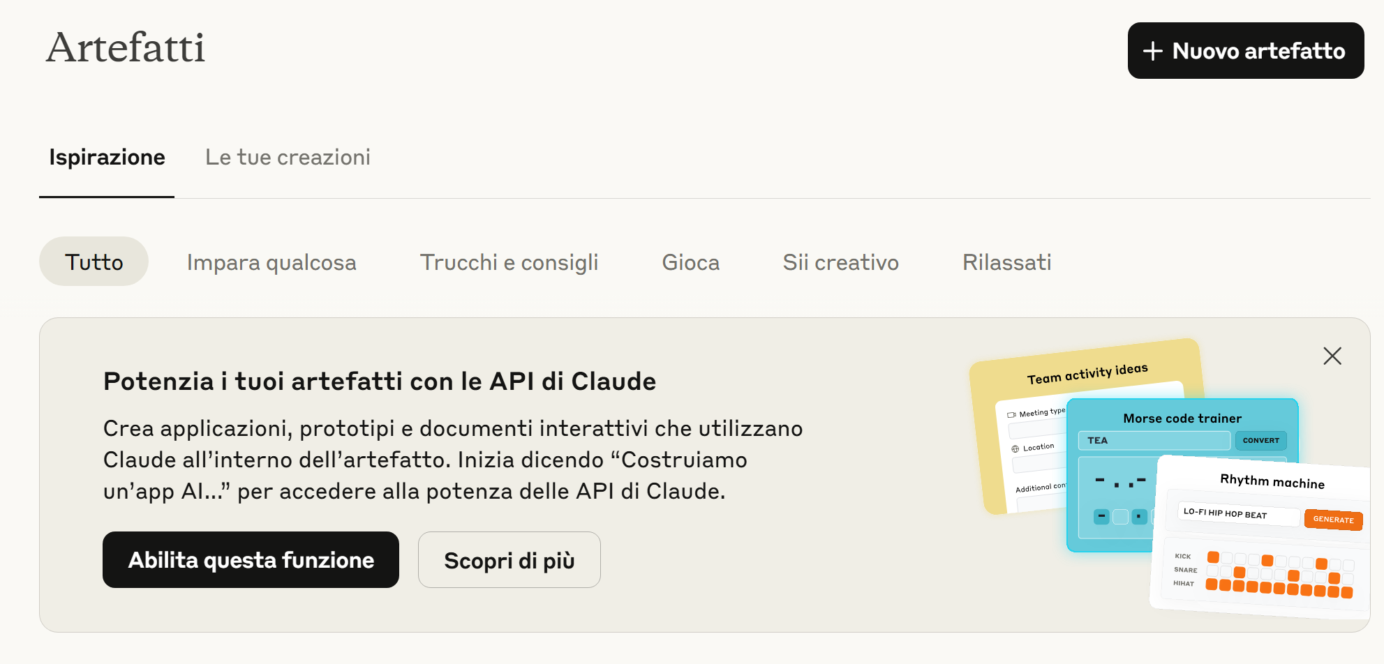 Claude AI Artefatti Crea progetto