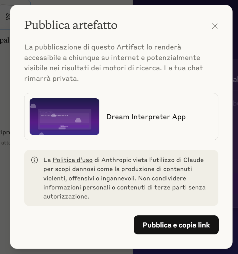 Claude ai artefatti pubblicazione 
