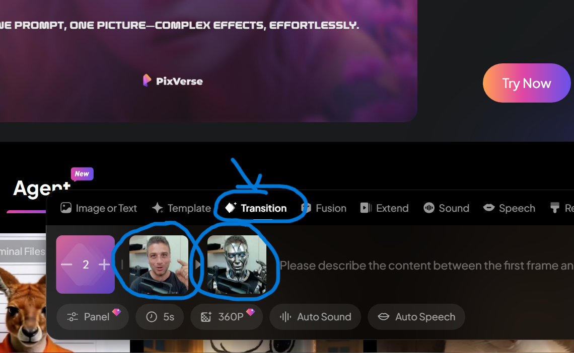 Pixverse AI 1 Frame e ultimo frame transition video