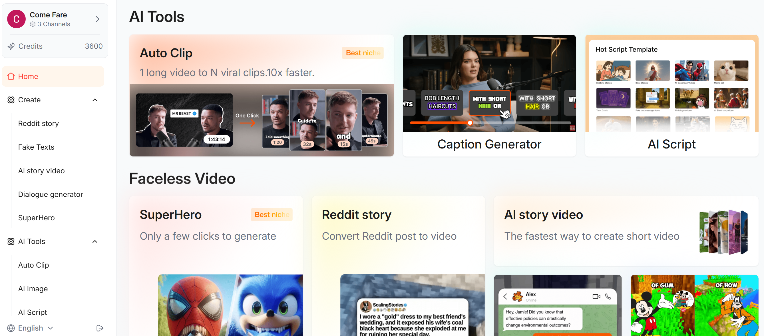 Short AI Crea VIDEO homepage