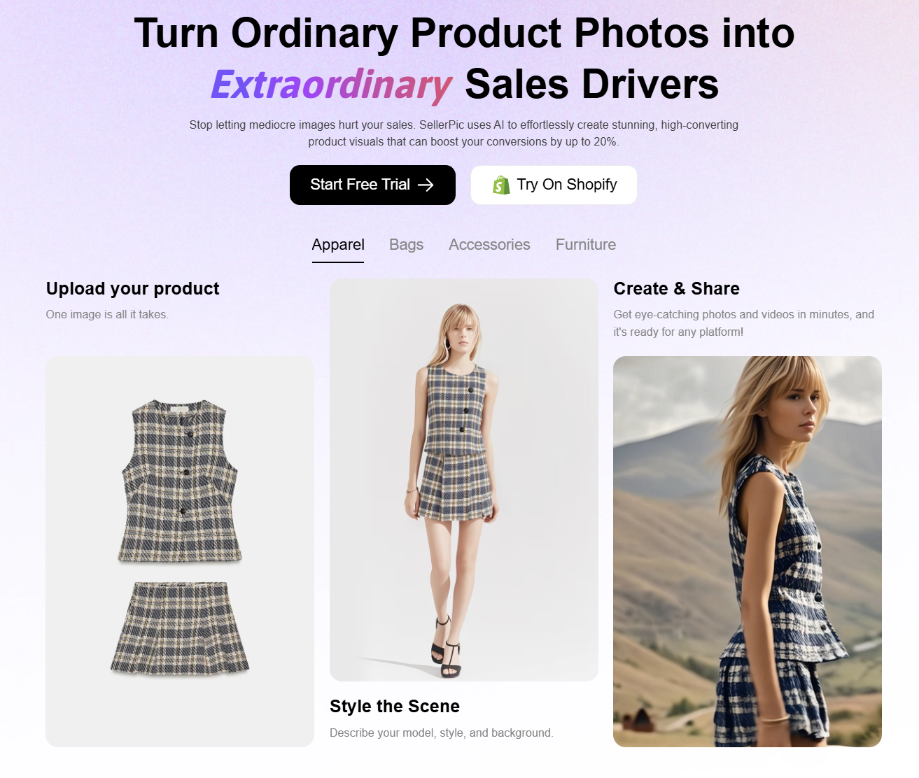 SellerPic AI Virtual try on Immagini e Video Homepage