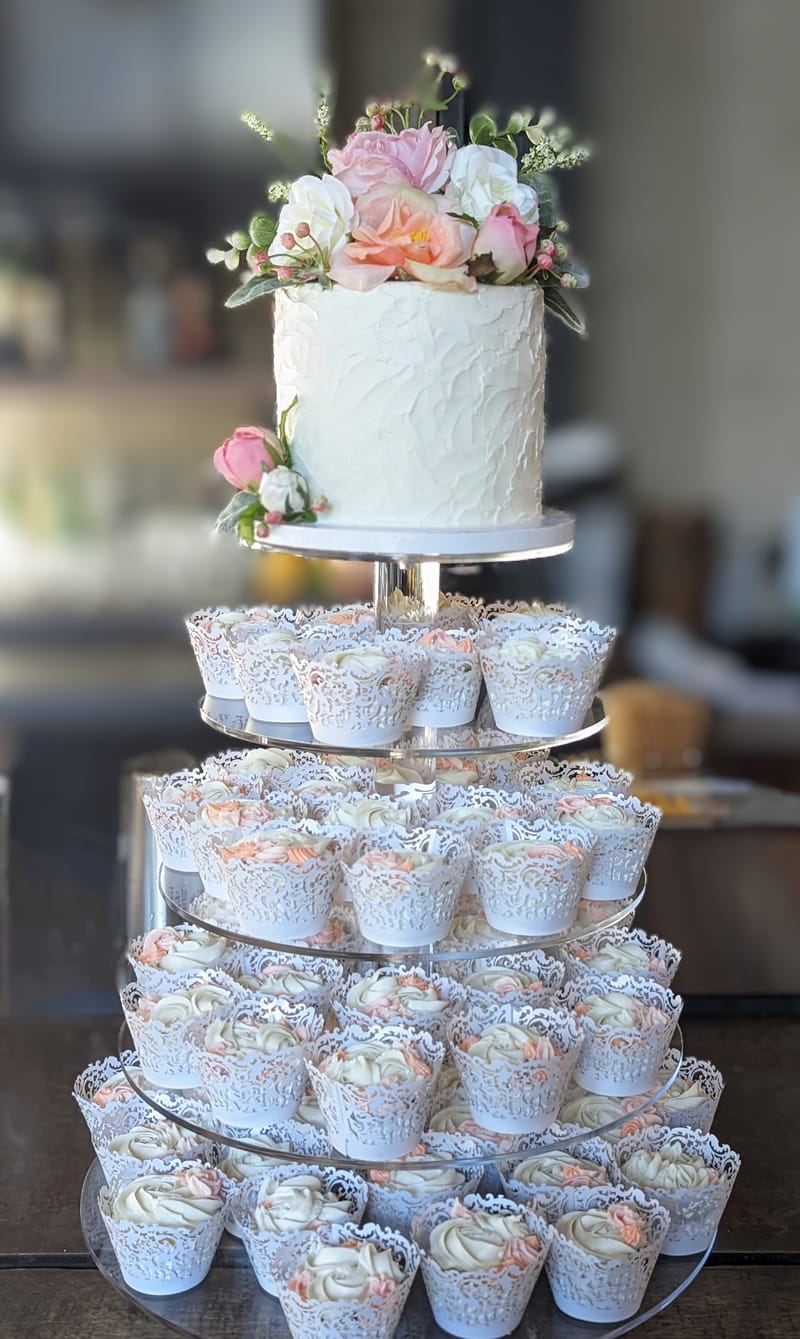 Floral Wedding Cake with Cupcake Tower
