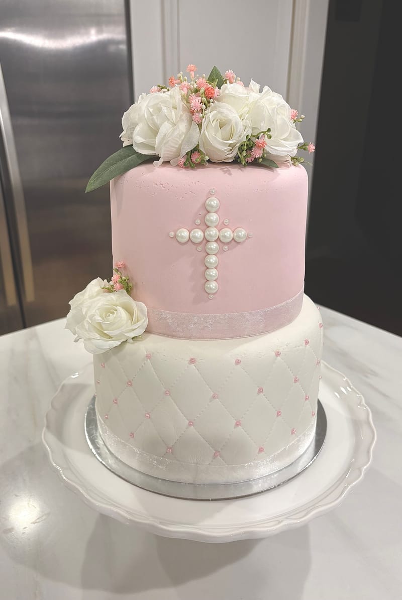 Pink and White Baptism Cake
