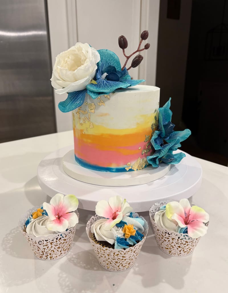 Tropical Wedding Cake with Cupcakes