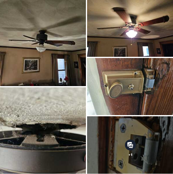 Loose Ceiling Fan Reattached and Door Latch and Hinges Adjusted